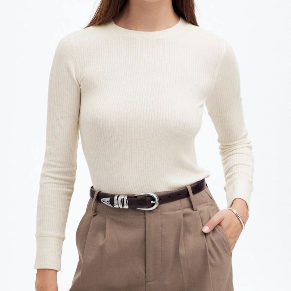 Madewell Ribbed Crewneck Long-Sleeve Tee M Heather Cream | Quiet Luxury NWT M - Picture 2 of 10